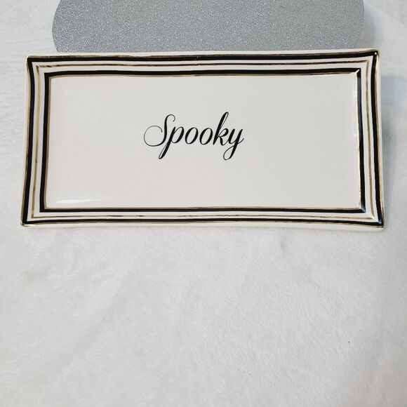 Other - Terramoto Ceramic Halloween Spooky Serving Tray Platter White Black Gold Stripes